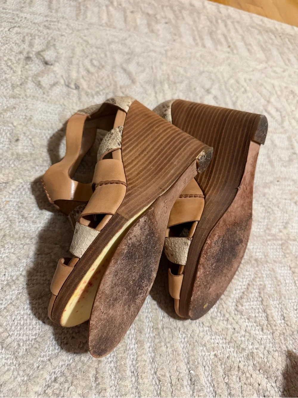 Cole Haan Tan Wedge Sandals with Snake-Print Straps